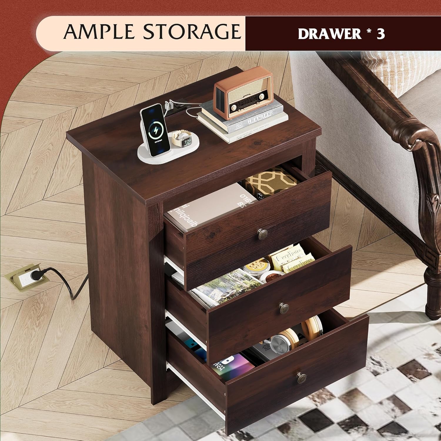 Tall Nightstand with Charging Station, Wood Night Stand with 3 Drawers Storage, Bedside Table End Side Tables with 2 USB Ports and Outlets for Bedroom, Closet, Espresso