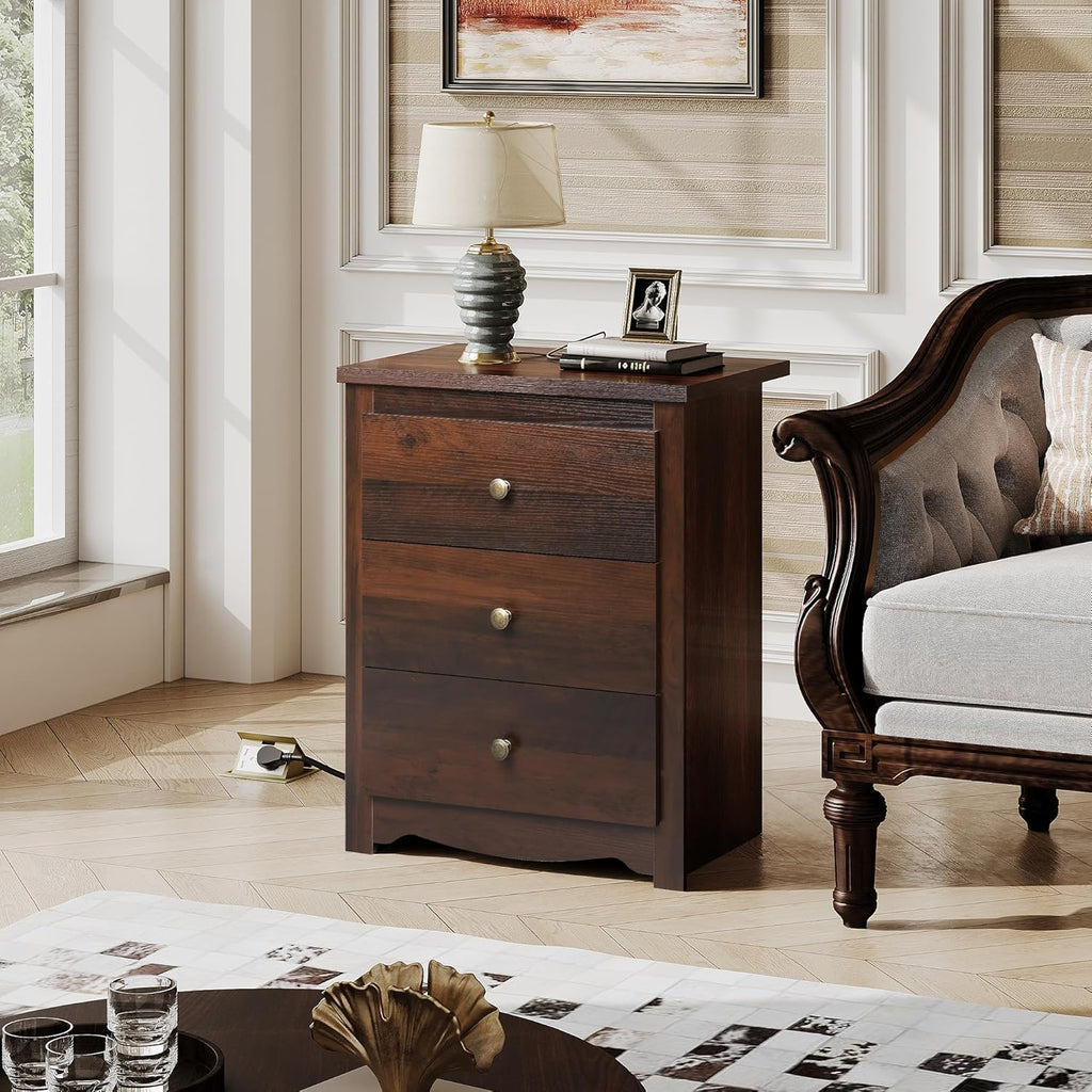 Tall Nightstand with Charging Station, Wood Night Stand with 3 Drawers Storage, Bedside Table End Side Tables with 2 USB Ports and Outlets for Bedroom, Closet, Espresso