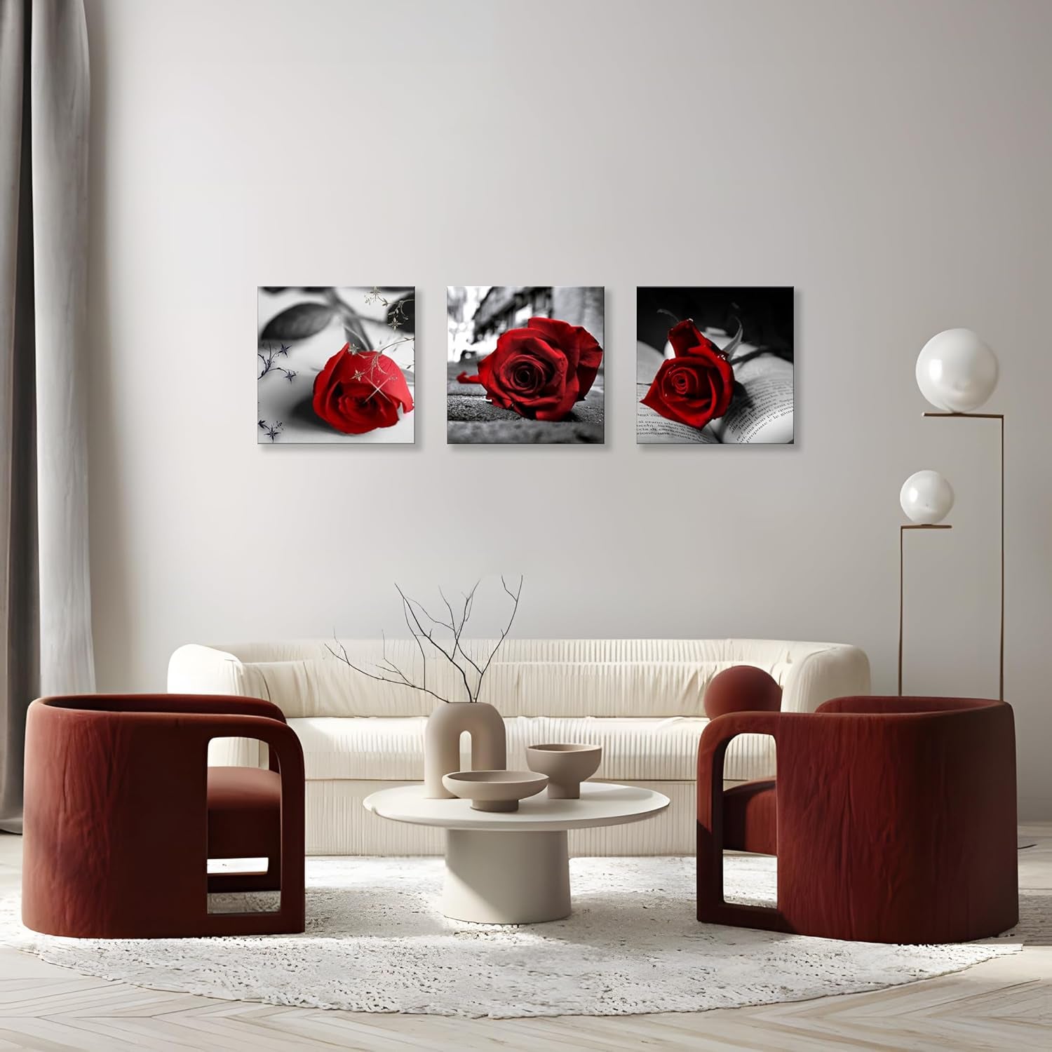3 Pcs Red Rose Canvas Art Black and White Red Wall Art Flower Picture Prints Stretched and Framed Triptych 12"X12" Floral Decor Canvas Art for Home Decor Living Room Bedroom