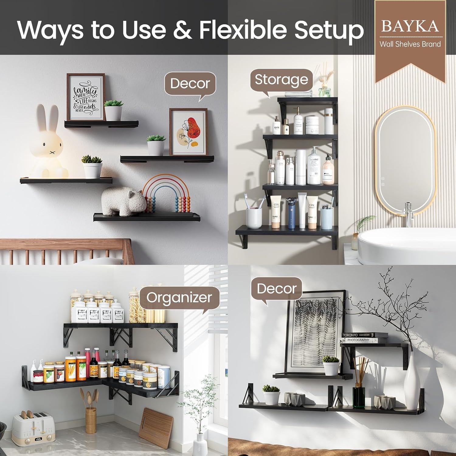 Wall Mounted Floating Shelves, Wood Floating Wall Shelf for Books & Decor, Small Space-Saving Display & Organizer（Black，Set of 3）