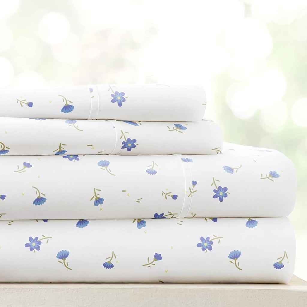 Double-Brushed Patterned Microfiber Queen Sheet Set 4 Piece – Oeko-Tex Certified Ultra Soft & Wrinkle-Free - 16" Deep Pocket Sheets - Easy Care Queen Size - Soft Floral Light Blue