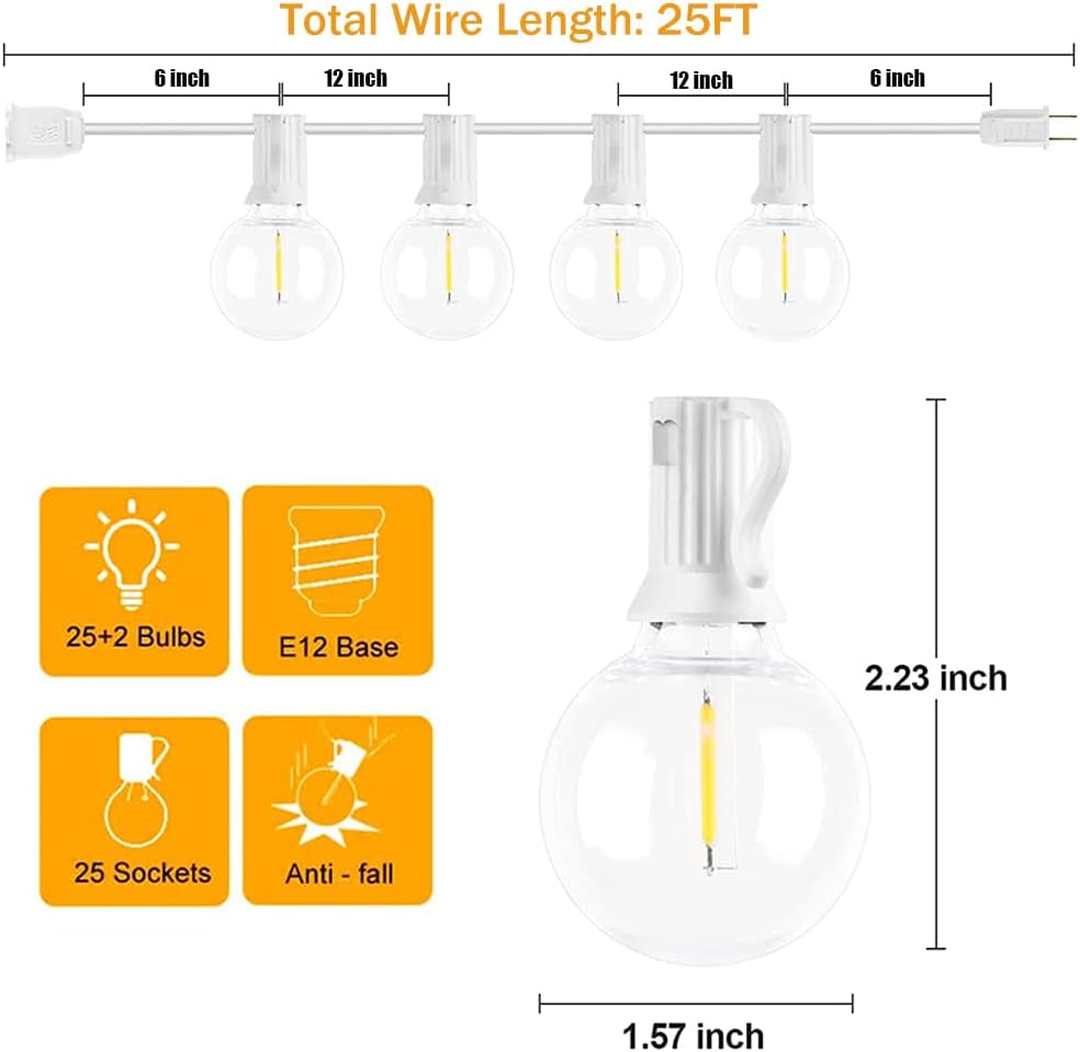 25Ft LED String Lights with 27 Shatterproof LED Clear Globe Bulbs, Indoor&Outdoor String Lights for Patio, Garden, Backyard, Bistro, Pergola, Tents, Gazebo Decor, White Wire