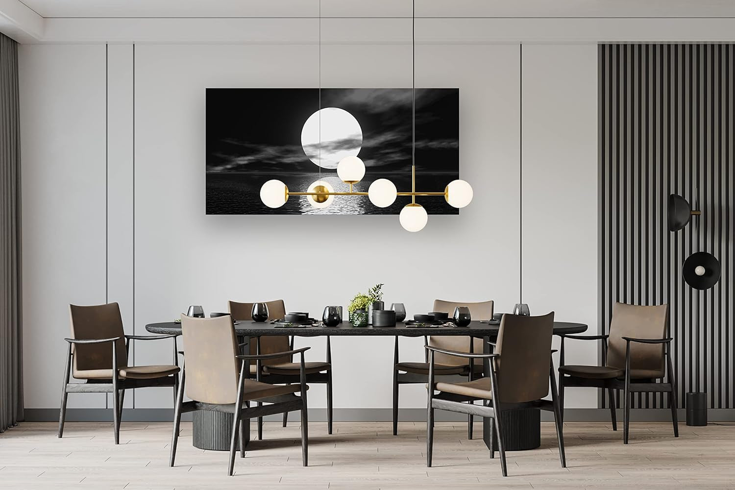 S06462 Wall Art Canvas Sea White Full Moon in Night Picture Canvas Poster Print Black and White Ocean for Living Room Bedroom Kitchen Home Decorations Framed Artwork