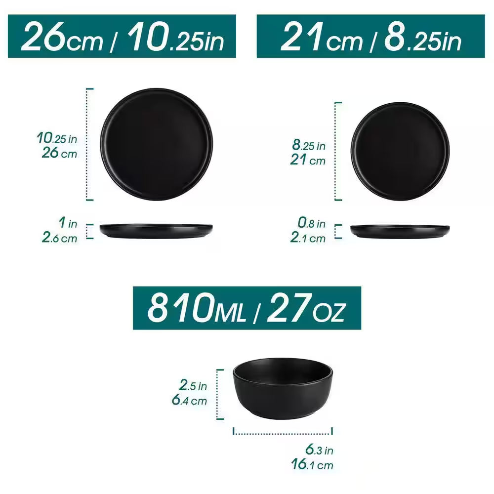 18-Piece Matte Black Stoneware Dinnerware Set Service for 6 Tableware Dinner Plates Dessert Plates Cereal Bowls
