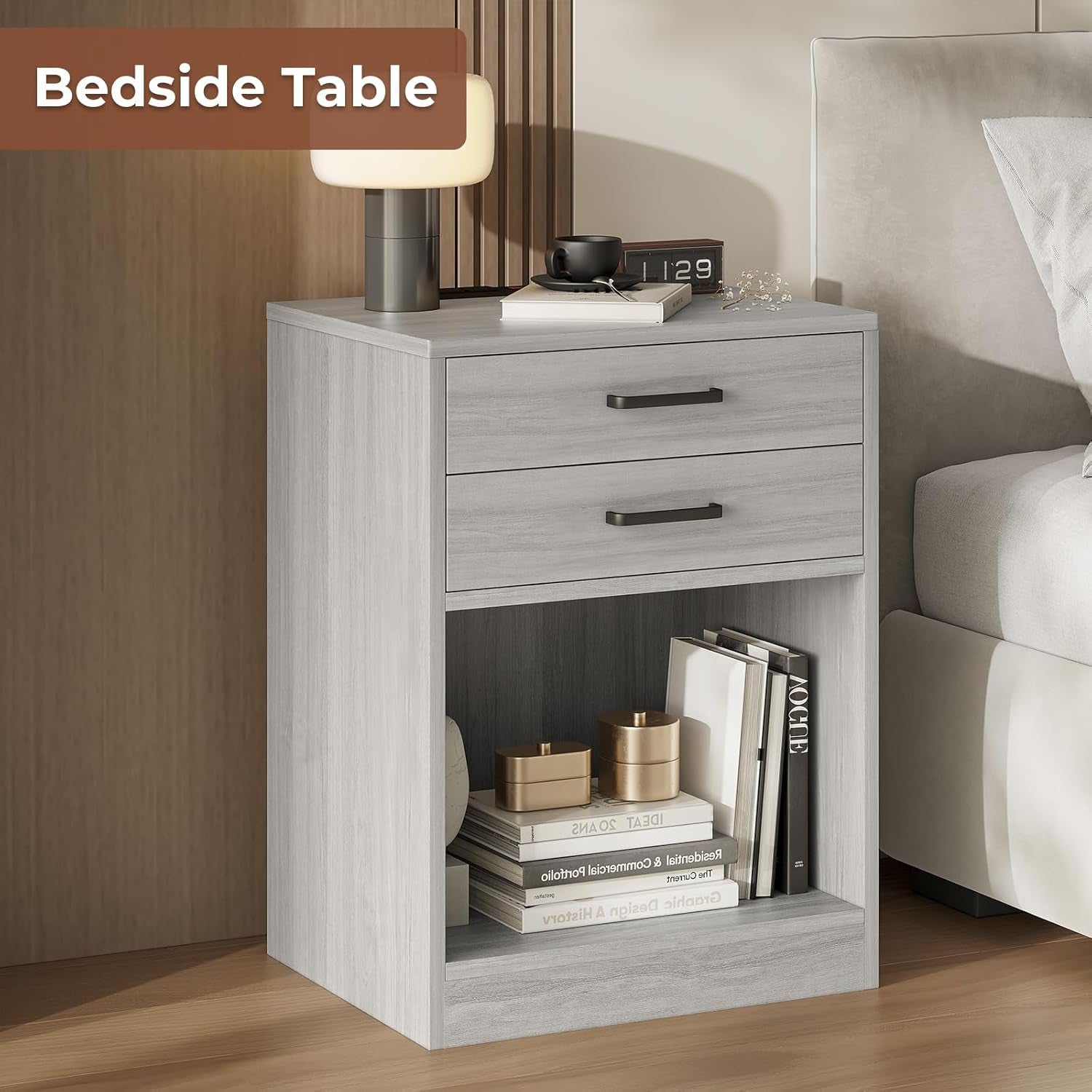 Nightstands Set of 2,Grey Nightstand with Charging Station & Drawers,Night Stands for Bedrooms Set of 2