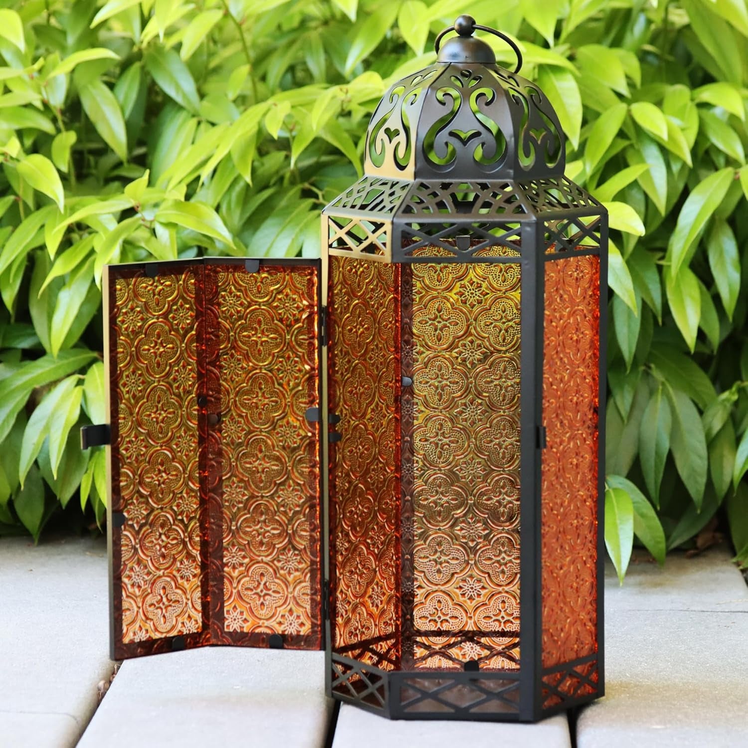 16" Extra Large Large Black Metal Decorative Floor Moroccan Lantern Candle Holder Lamp for Halloween - Indoor/Outdoor, Home Decor, Patio, Weddings, Ramadan Decor, Amber
