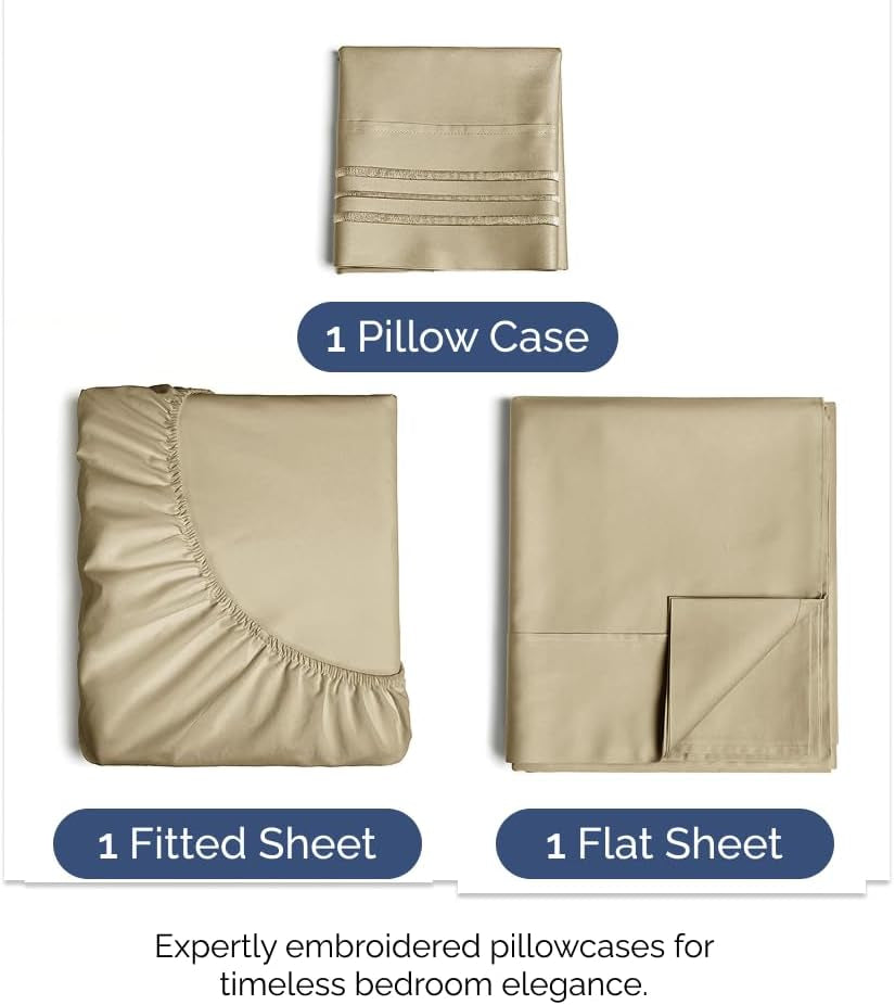 Twin Size 3 Piece Sheet Set - Comfy Breathable & Cooling Bed Sheets Set - Hotel Luxury Bedding for Women, Men, Kids, Teens, Boys & Girls - Deep Pockets, Ultra-Soft and Wrinkle Free - Oeko-Tex - Beige