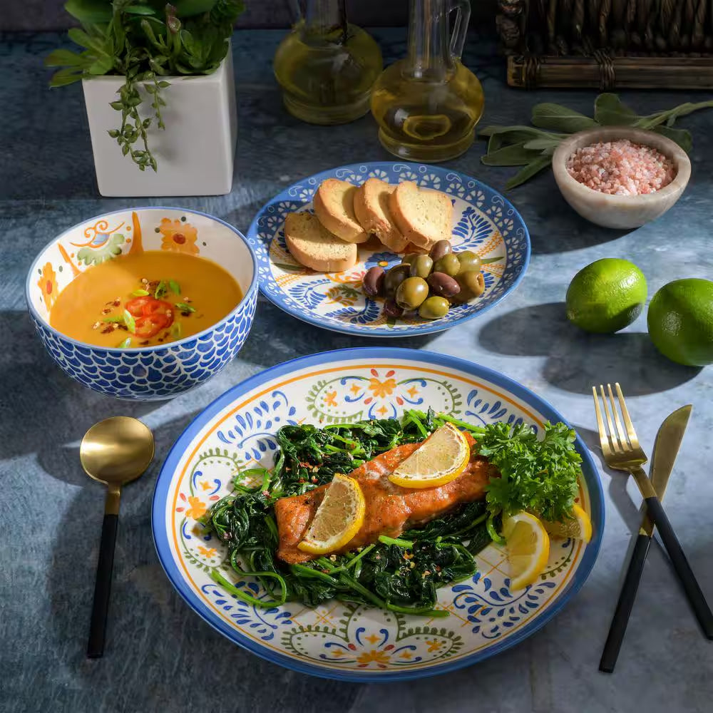 Tierra Tile 12-Piece round Stoneware Dinnerware Set in Blue Assorted Designs Service Set for 4