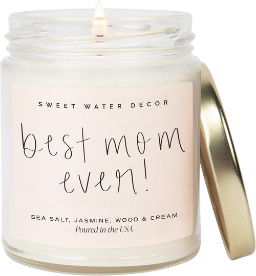 , Best Mom Ever Candle - Sea Salt, Jasmine, Cream, and Wood Scented Soy Wax Candle for Mom - 9Oz Clear Jar, 40 Hour Burn Time, Made in the USA