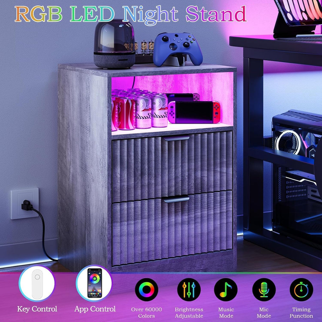 Night Stand Set 2, LED Night Stand with Charging Station, Wood Side Table, Fluted Nightstands with 2 Drawers, End & Bedside Tables for Bedroom Sofa Office, Wood Gray