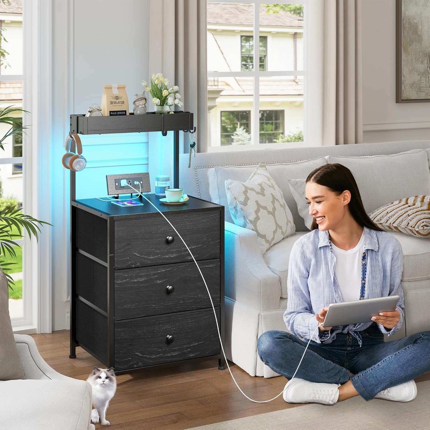 Nightstand with Charging Station and Led Night Stand with 3 Drawers, Bedside Table with Drawers and Outlets, Dorm Nightstand for Bedroom,Entryway, Hallway, Closet, 4 Hooks, Black