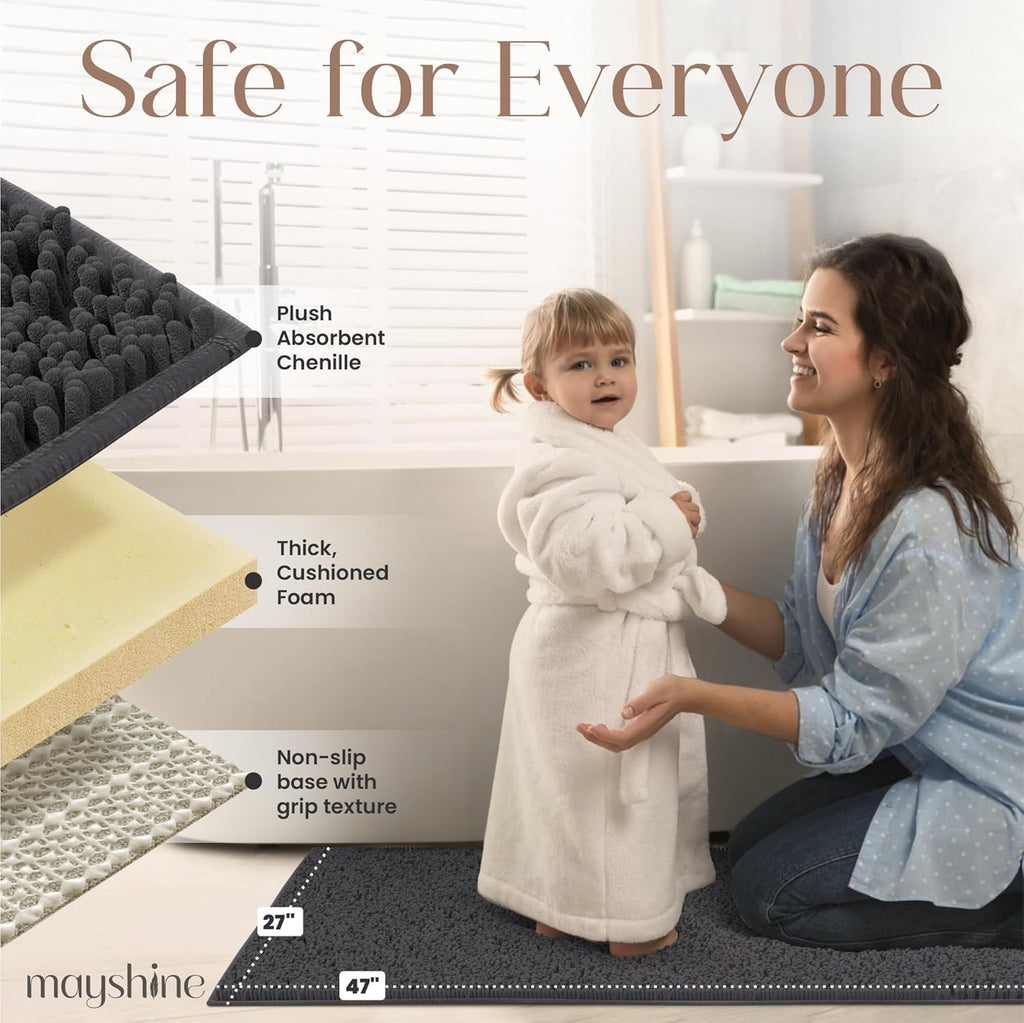 Plush Shaggy Chenille Bath Mat | Extra Soft, Super Absorbent, Non-Slip Bathroom Rug | Fluffy Microfiber, Area Rug Sets for Bathroom Floor, Kitchen, Living Room | 47"X27" | Charcoal Gray