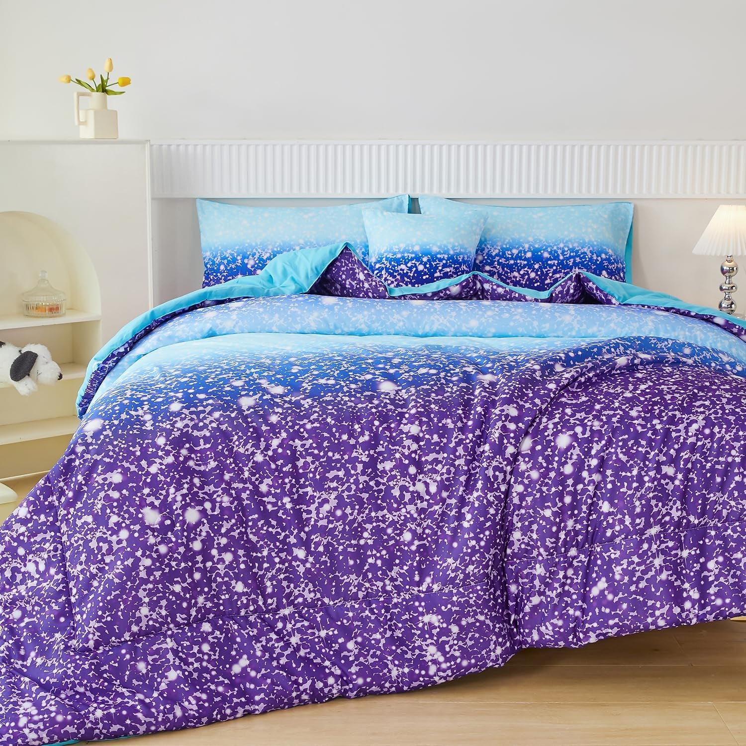 Purple Girls Twin Bedding Set - 6 Pieces Comforter Set with Sheets, Tie Dye Rainbow Bed-In-A-Bag, Sparkle Glitter Fluffy Kids Bedroom Bed Sets (Blue Purple, Twin)