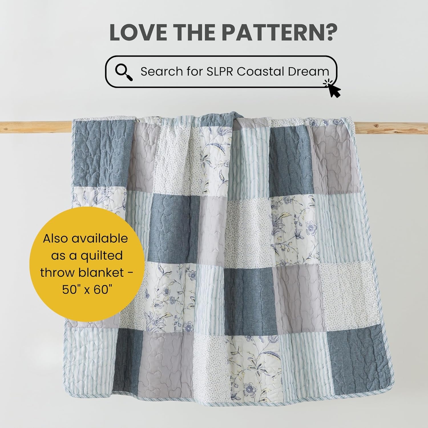 Coastal Dream Cotton Pieced Quilt Set - Twin Size with 1 Sham, Soft Purple & Blue Patchwork Quilted Bedspread, Farmhouse Country Style Bedding for All Seasons