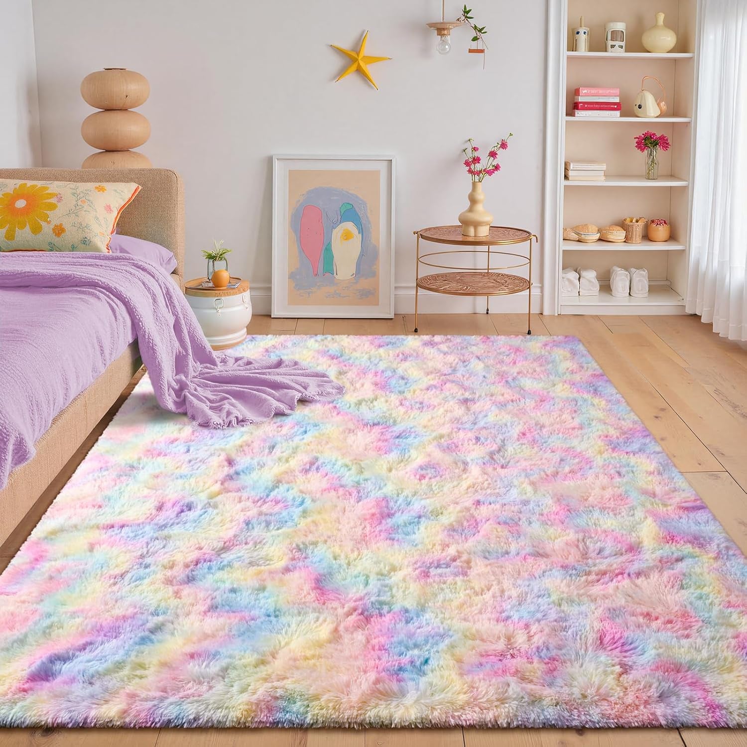 4X6 Washable Area Rug for Girls Bedroom Living Room,Tie-Dyed Rainbow Soft Non-Slip Fluffy Rugs, Shag Plush Memory Foam Carpet for Kids Room Baby Nursery Home Decor