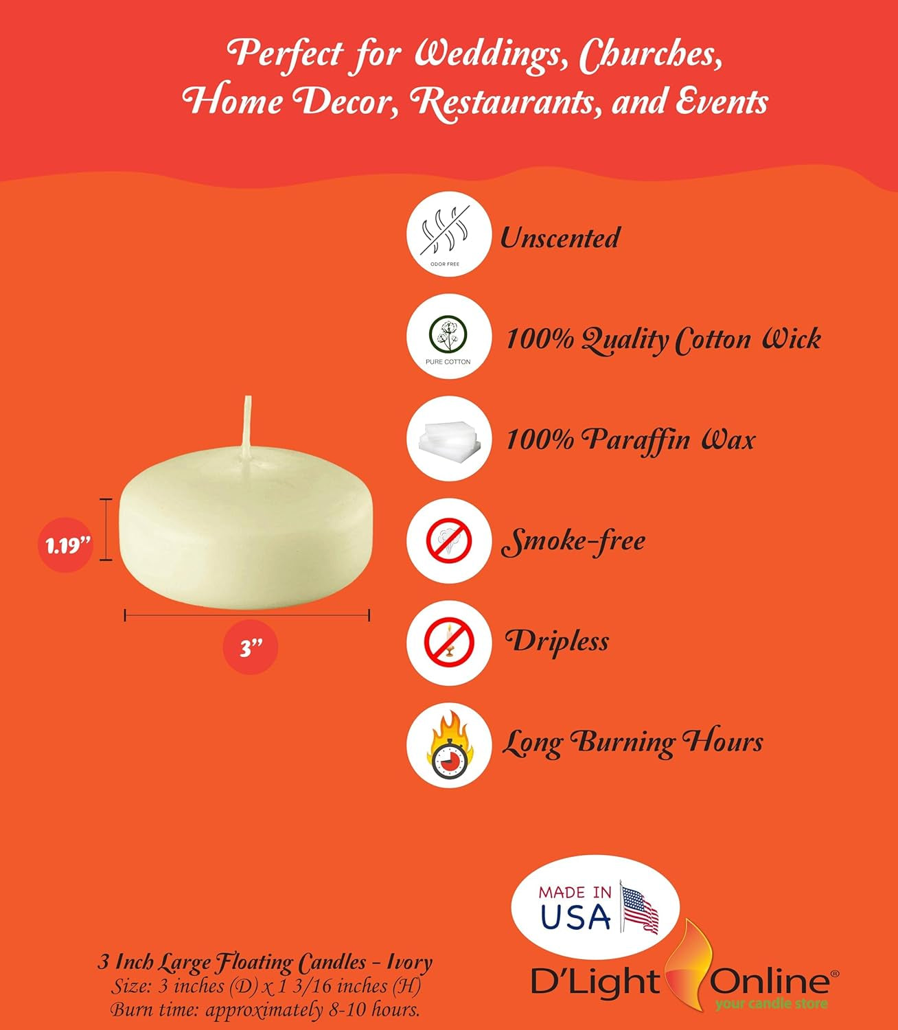 Set of 72 Large 3 Inch Floating Candles Bulk Pack for Events, Centerpieces at Weddings, Spa, Pool, Home Décor, for Cylinder Vases, Special Occasions and Decor (Ivory)