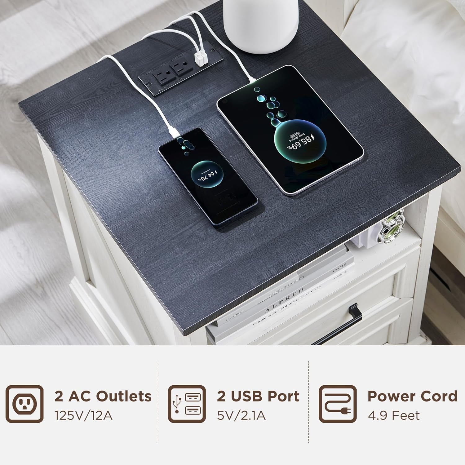 18" Farmhouse Nightstand Set of 2 with Charging Station,End Table with 2 Drawers Storage,Side Table,Bedside Cabinet for Bedroom,Living Room, Withe