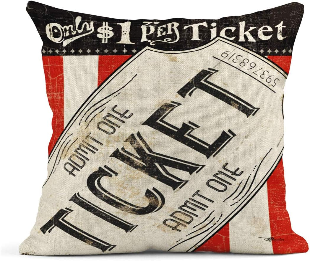 Set of 4 Linen Throw Pillow Covers Vintage Cinema Movie Theater Fresh Popcorn Projector Admit One Decorative Pillow Cases Home Decor Square 18X18 Inches Pillowcases