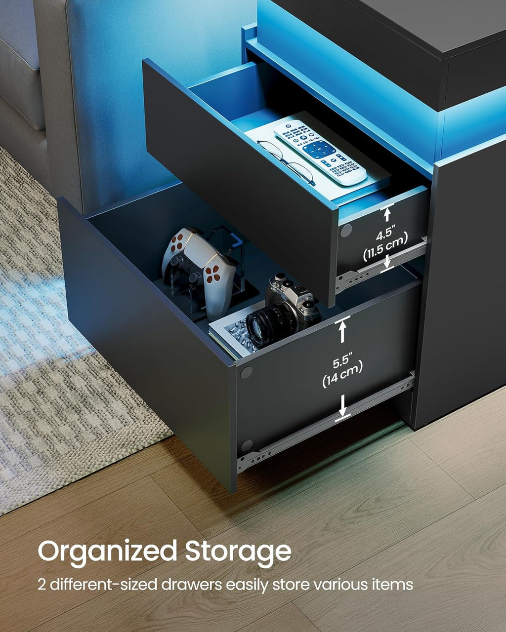 Kailyn Collection - Nightstands with Power Outlets, Sliding Lid, Modern Bedside Tables with LED Lights, End Tables, 2 Drawers, Set of 2, 15.7 X 18.9 X 26.8 Inches, Ink Black ULET650BC01S-2J