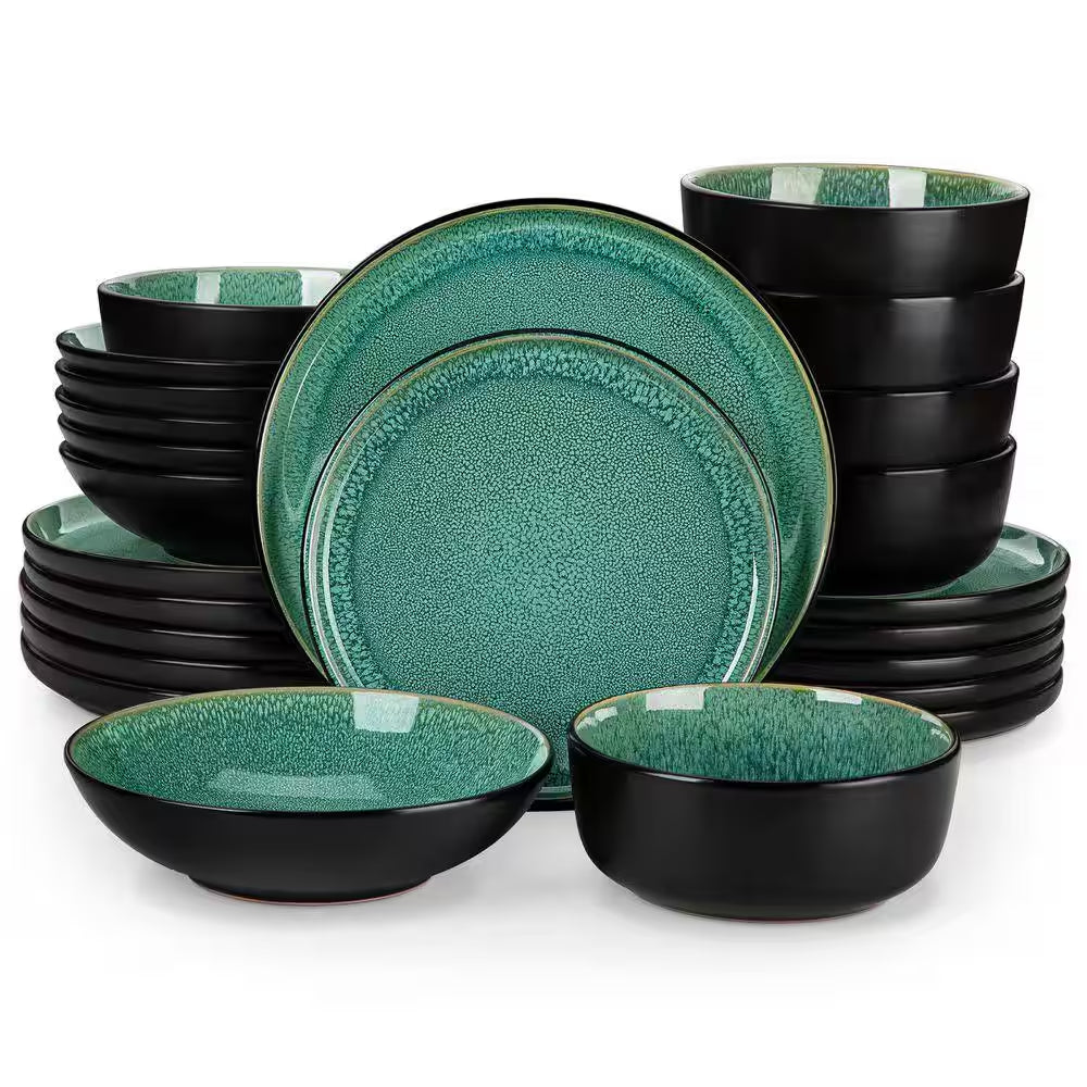 24-Piece Green and Black Stoneware Dinnerware Set Service for 6 Tableware Set Plates and Bowls Dinner Set