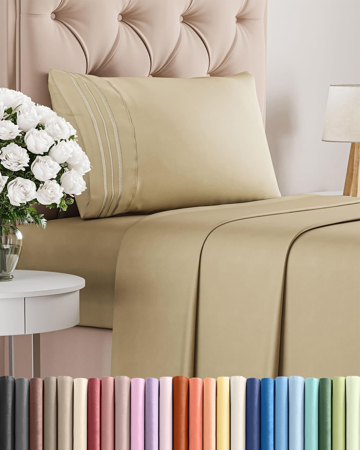 Twin Size 3 Piece Sheet Set - Comfy Breathable & Cooling Bed Sheets Set - Hotel Luxury Bedding for Women, Men, Kids, Teens, Boys & Girls - Deep Pockets, Ultra-Soft and Wrinkle Free - Oeko-Tex - Beige