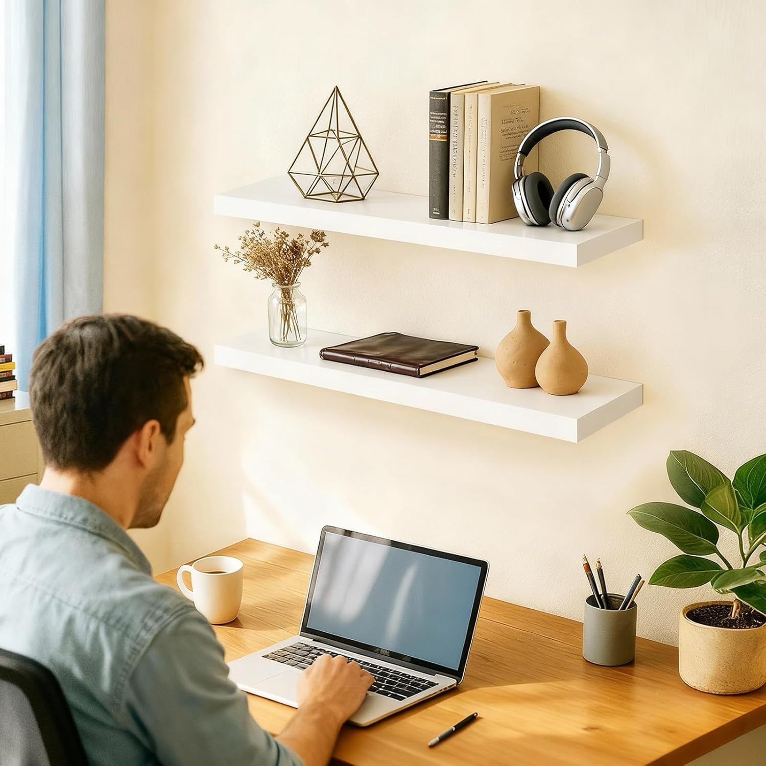 Floating Shelves White, 22.5 Inch Rustic Wood Wall Mounted Shelves for Bathroom, Bedroom, Living Room, Kitchen & Office, Hanging Shelf Deocr Display with 22 Lbs Capacity, Set of 2