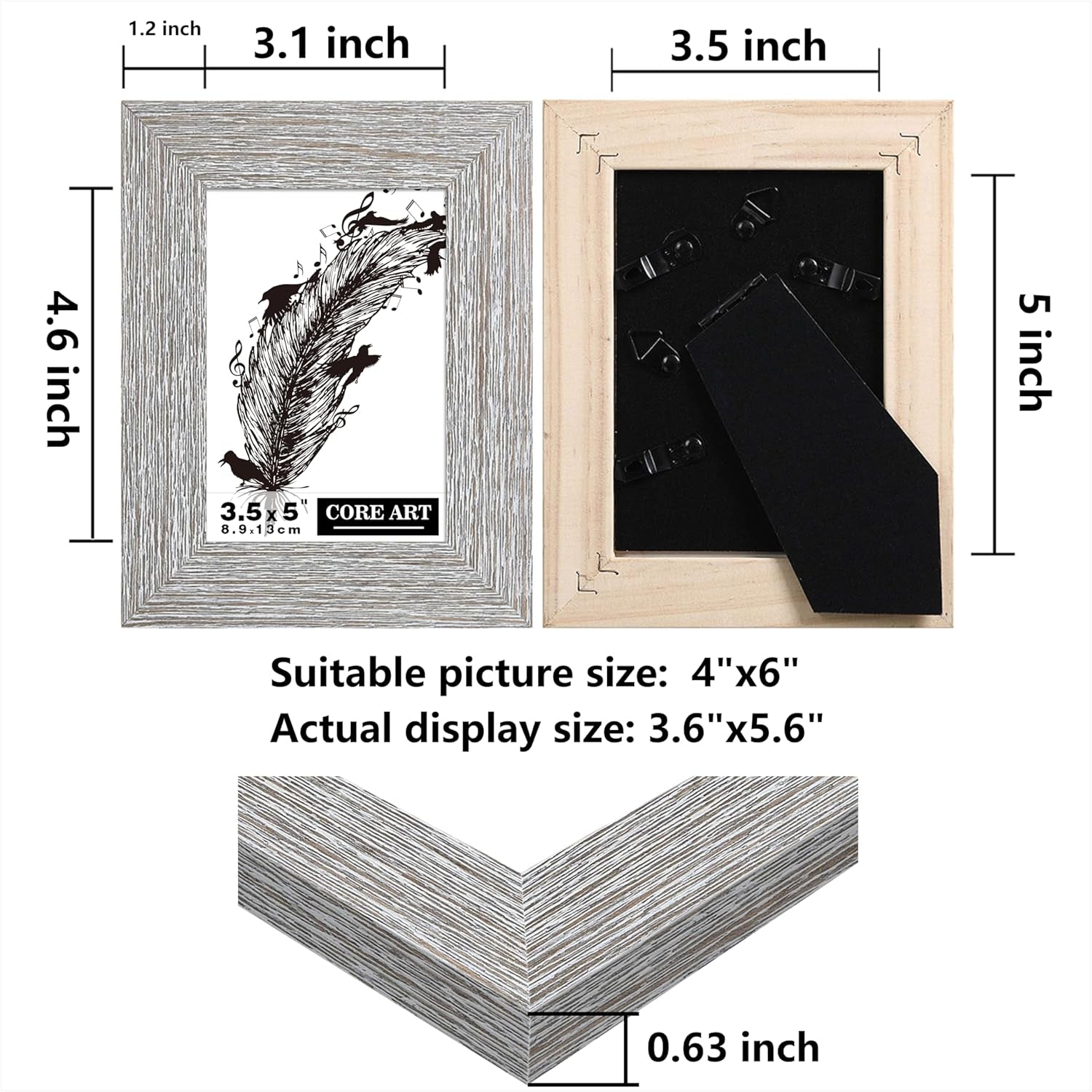 3.5X5 Picture Frame, Handmade Wood Rustic Gray Photo Frame Set of 2, High Definition Semi-Tempered Glass Wall or Tabletop Display