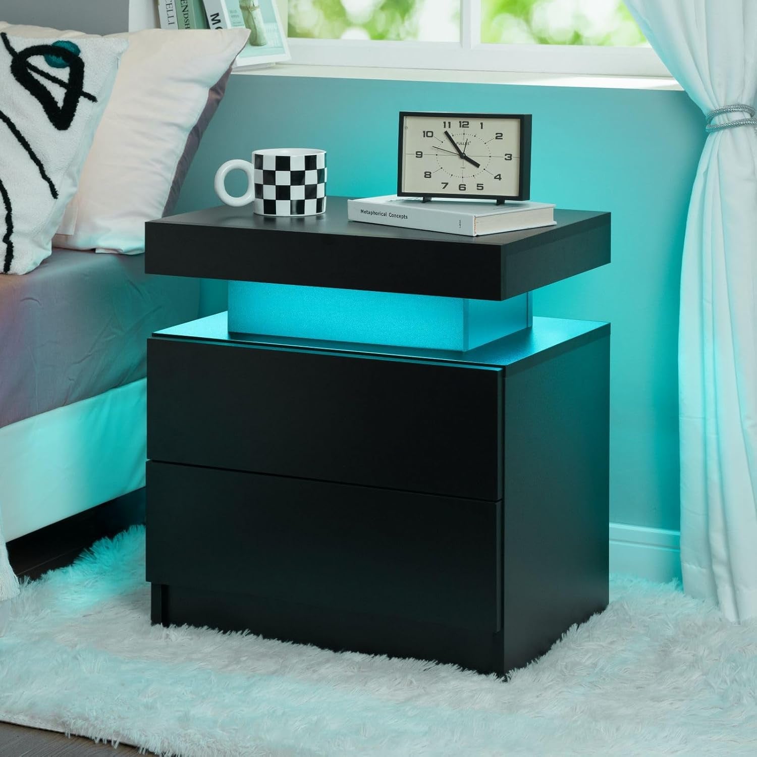 Nightstand Set of 2 LED Nightstand with 2 Drawers, Bedside Table with Drawers for Bedroom, Side Bed Table with LED Light, Black