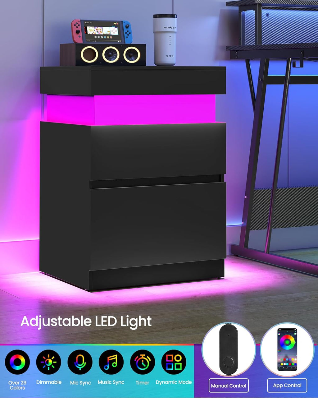 Kailyn Collection - Nightstands with Power Outlets, Sliding Lid, Modern Bedside Tables with LED Lights, End Tables, 2 Drawers, Set of 2, 15.7 X 18.9 X 26.8 Inches, Ink Black ULET650BC01S-2J