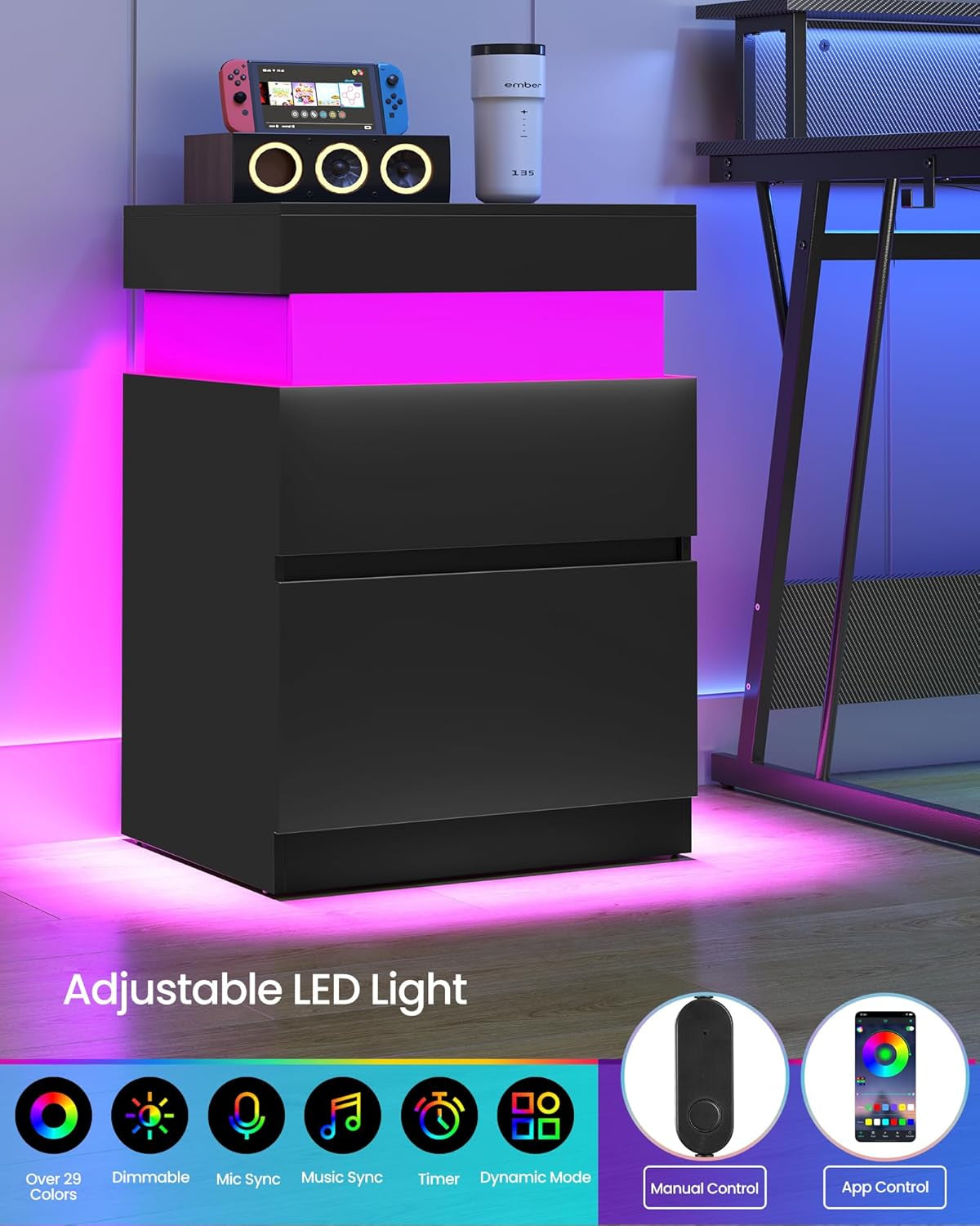 Kailyn Collection - Nightstands with Power Outlets, Sliding Lid, Modern Bedside Tables with LED Lights, End Tables, 2 Drawers, Set of 2, 15.7 X 18.9 X 26.8 Inches, Ink Black ULET650BC01S-2J