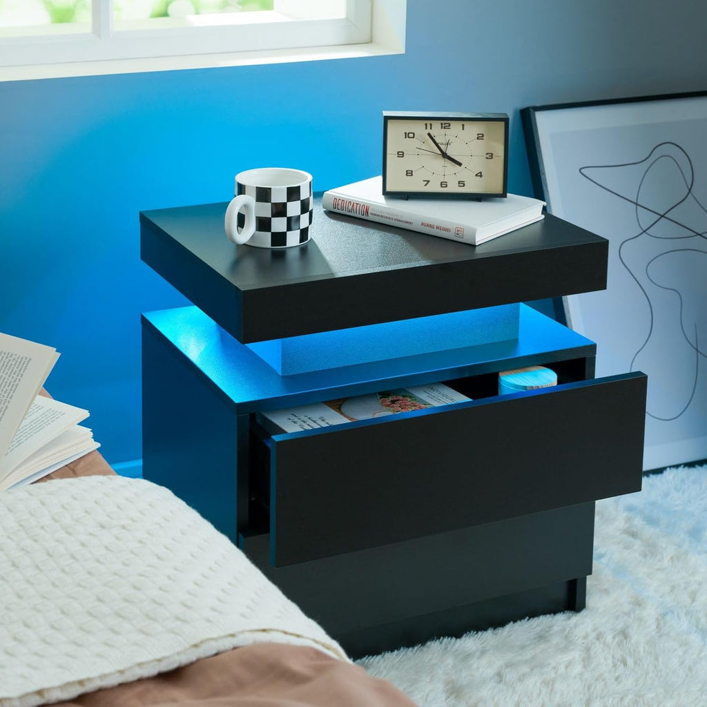 Nightstand Set of 2 LED Nightstand with 2 Drawers, Bedside Table with Drawers for Bedroom, Side Bed Table with LED Light, Black
