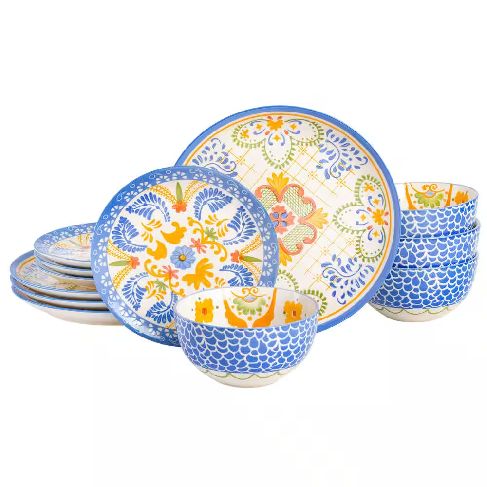 Tierra Tile 12-Piece round Stoneware Dinnerware Set in Blue Assorted Designs Service Set for 4