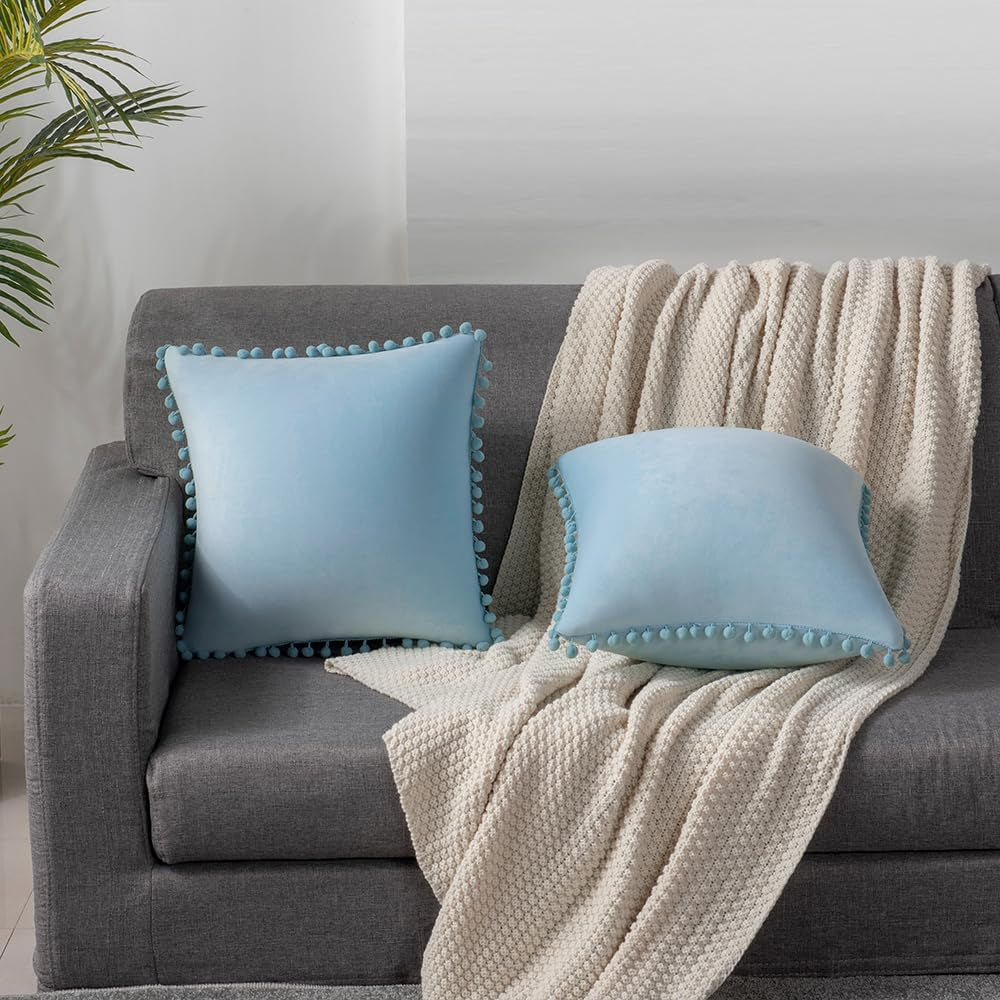 Throw Pillow Cases 20X20 Light-Blue: 2 Pack Cozy Soft Pom-Poms Velvet Square Decorative Pillow Covers for Farmhouse Home Decor