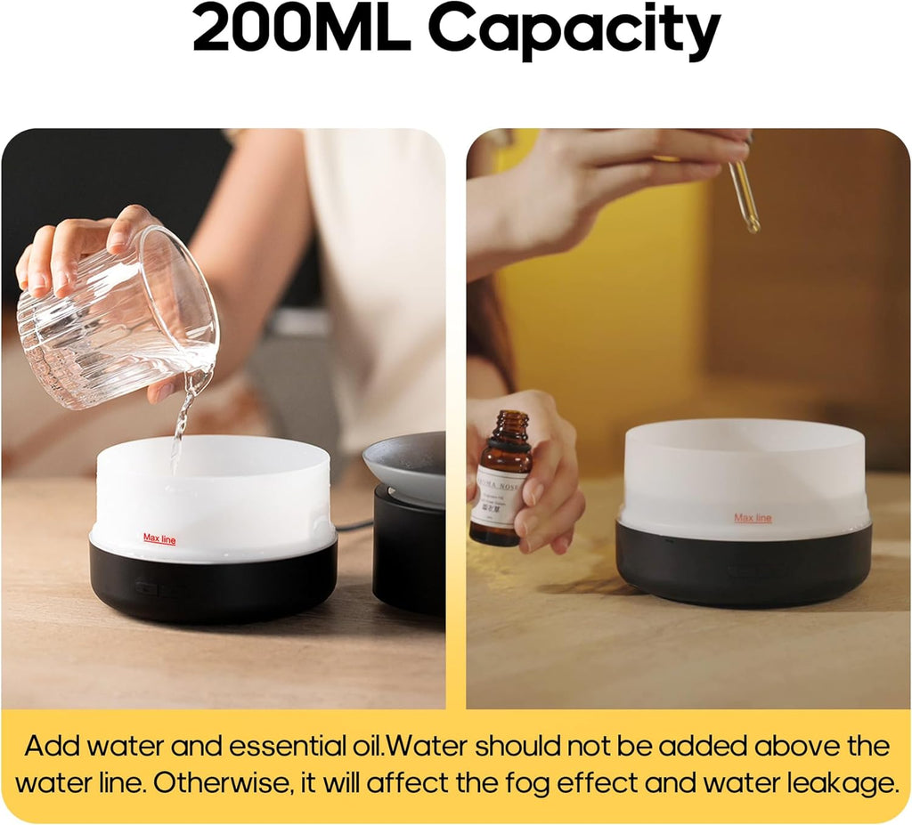 Essential Oil Diffusers, 200Ml Aromatherapy Diffuser with Auto Shut-Off Function, Cool Mist Humidifier with 2 Modes, Small Diffuser with 7 Color Lights Auto Shut off for Home Office Room, Black