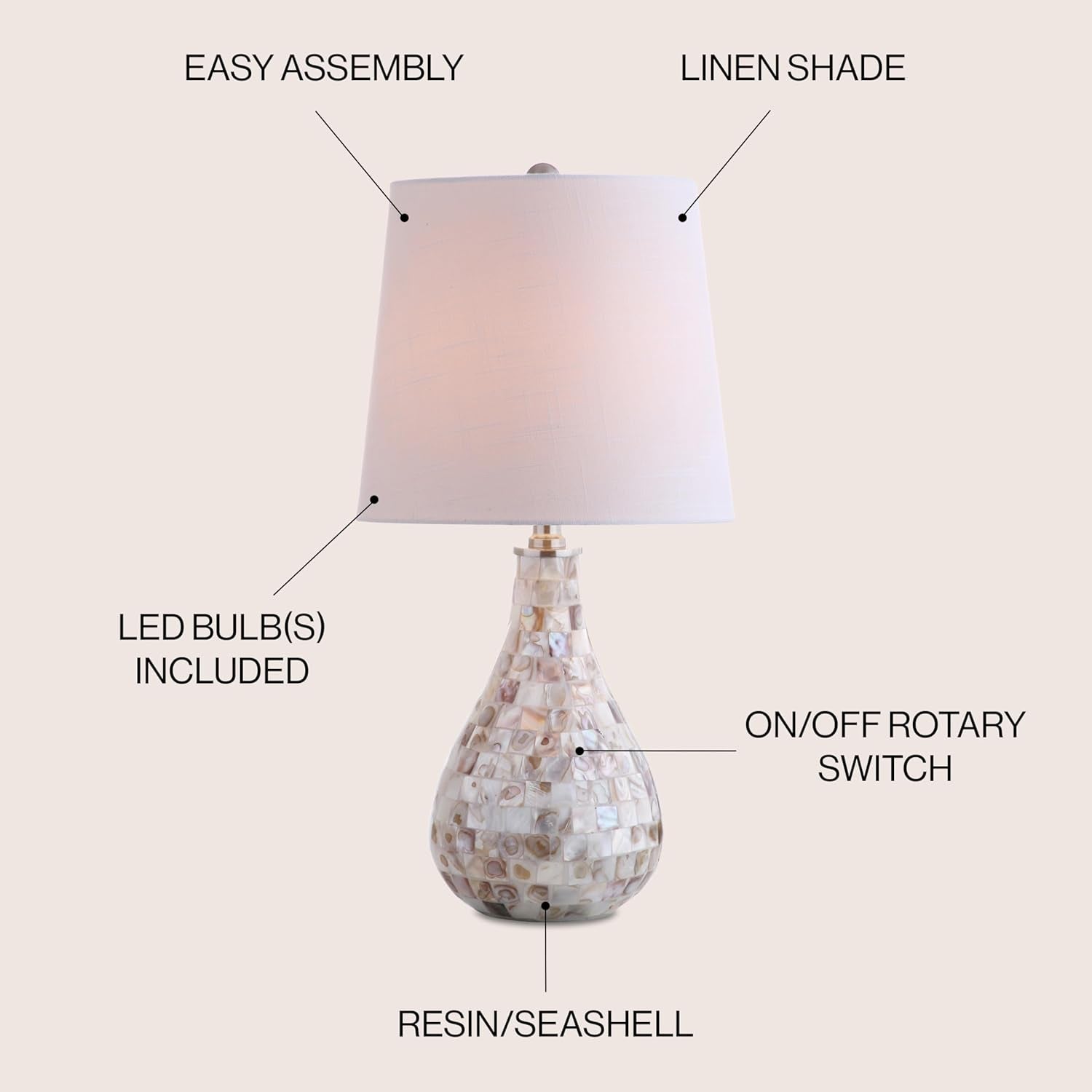 20.5" Seashell Coastal Mini LED Table Lamp for Living Room Office, White Linen Drum Shade, Modern Mother of Pearl Bedside Nightstand Lamp, LED Bulb Included JYL1024A