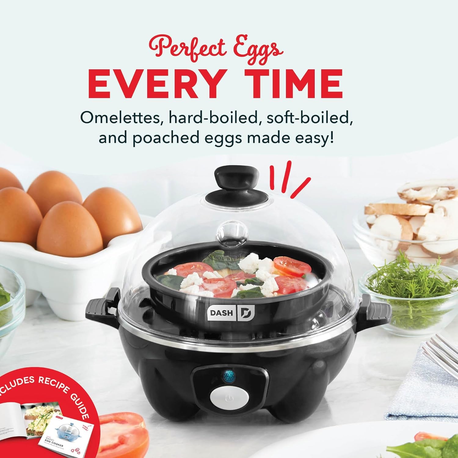 Rapid Egg Cooker - Boiler, Poacher & Steamer - Includes Measuring & Recipe Guide - Dishwasher Safe - BPA Free - Holds 7 Eggs, Black