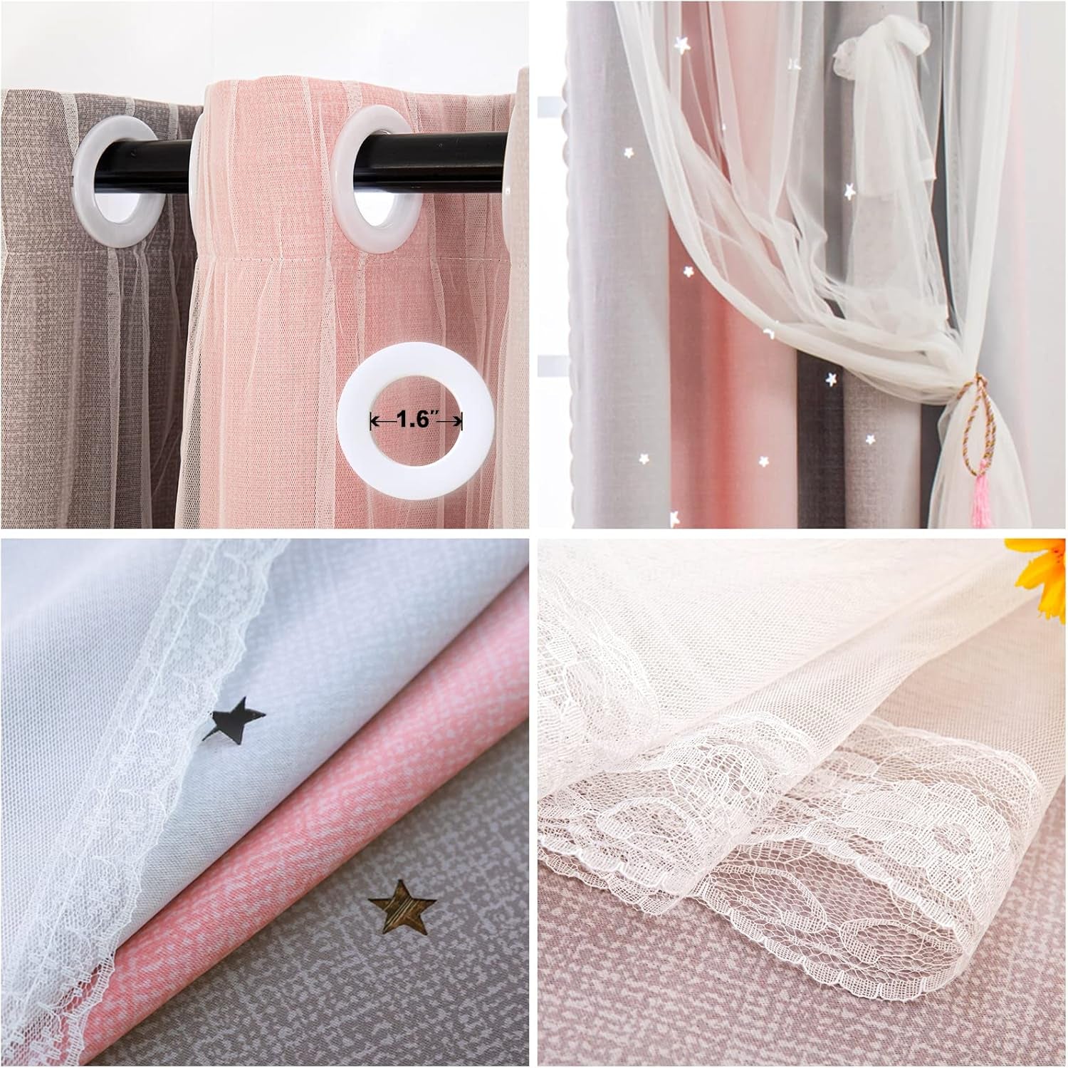 Pink Star Curtains for Girls Bedroom Kids Princess Room Decor for Daughter Bedroom Window