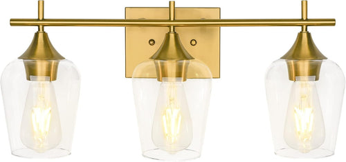 3-Light Gold Bathroom Light Fixtures, Brushed Brass Vanity Lights for Bathroom with Clear Glass Shade over Mirror for Bedroom Hallway Living Room