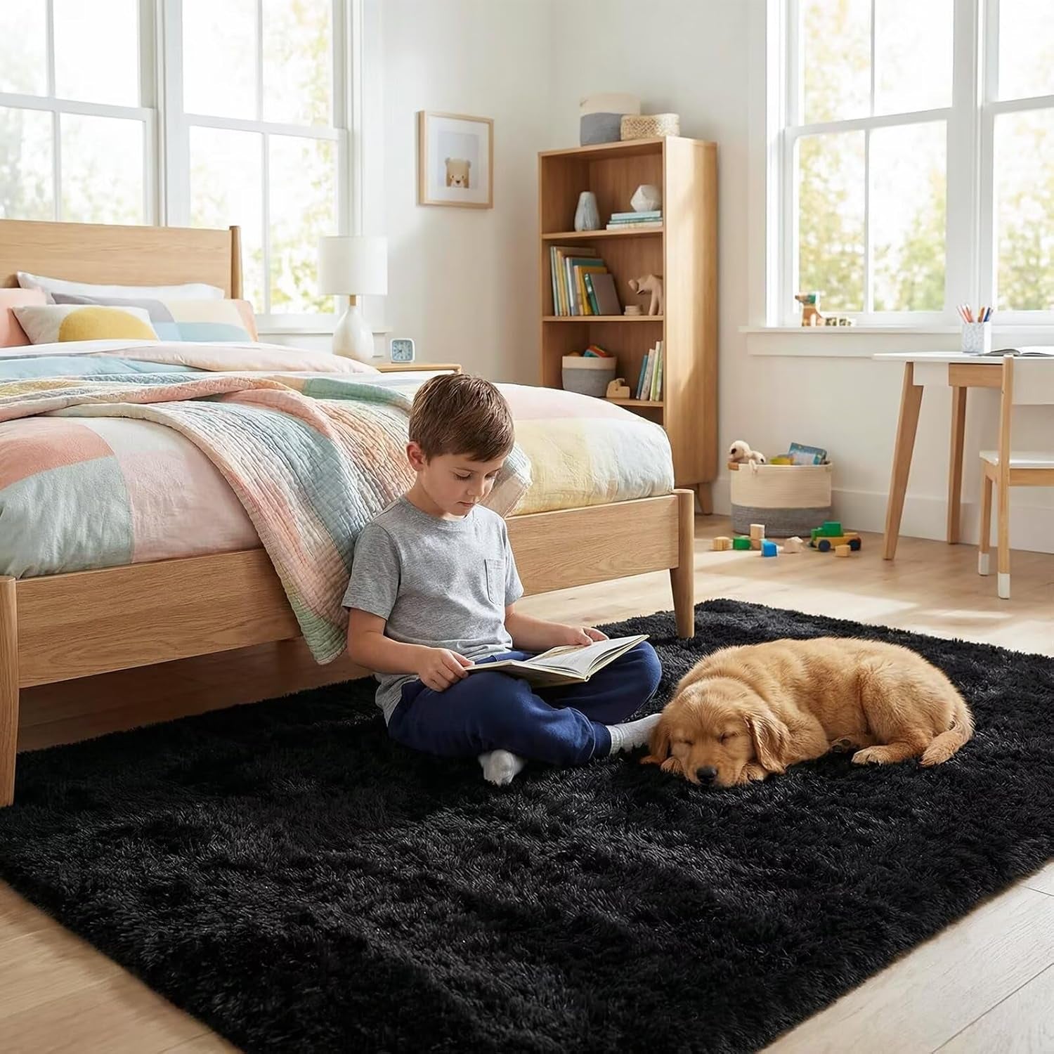 3X5 Black Washable Area Rug for Boys Bedroom, Soft Non-Slip Fluffy Bedside Rugs, Shag Plush Memory Foam Carpet for Kids Room Baby Nursery Home Decor Aesthetic