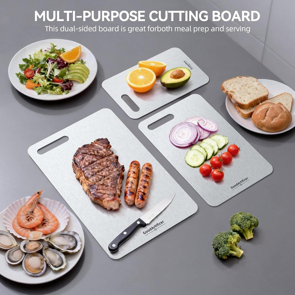 Titanium Cutting Boards Set of 3, 100% Pure Titanium Kitchen Cutting Board, Double-Sided Non-Toxic Cutting Board, Ideal for Slicing and Dicing Meats, Features Handle, Dishwasher Safe