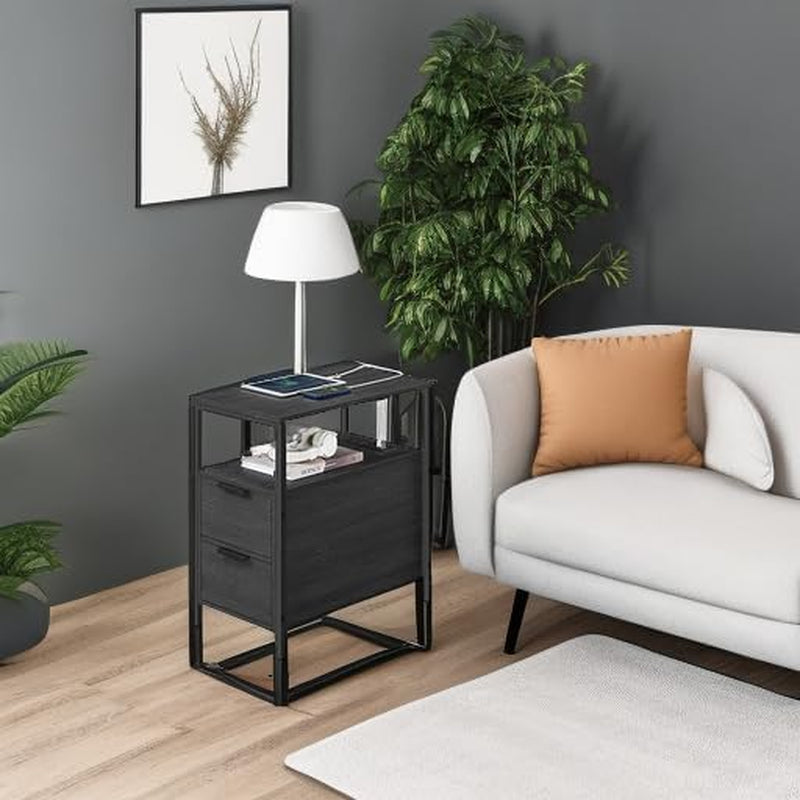 Side End Table with Charging Station, Slim Nightstand with 2 Drawers, Narrow Bedside Table for Living Room, Small Spaces, Charcoal Gray and Ink Black ULET321B22