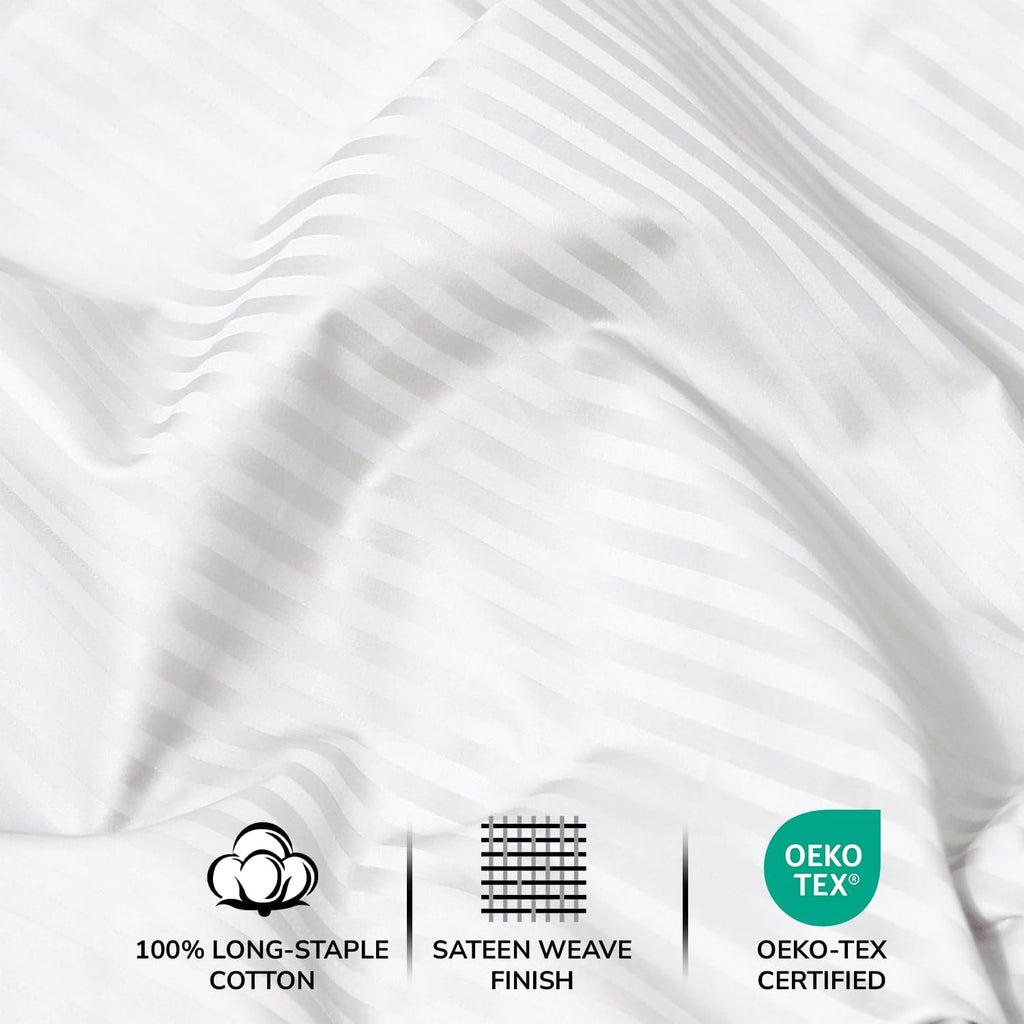 Feather & Stitch 500 TC Split King Size Damask Bed Sheet Set, 100% Cotton Soft Breathable Bedsheets, 5 Piece 18" Deep Pockets Sateen Weave Striped Bedding Mattress Resort Hotel - (White Stripe)