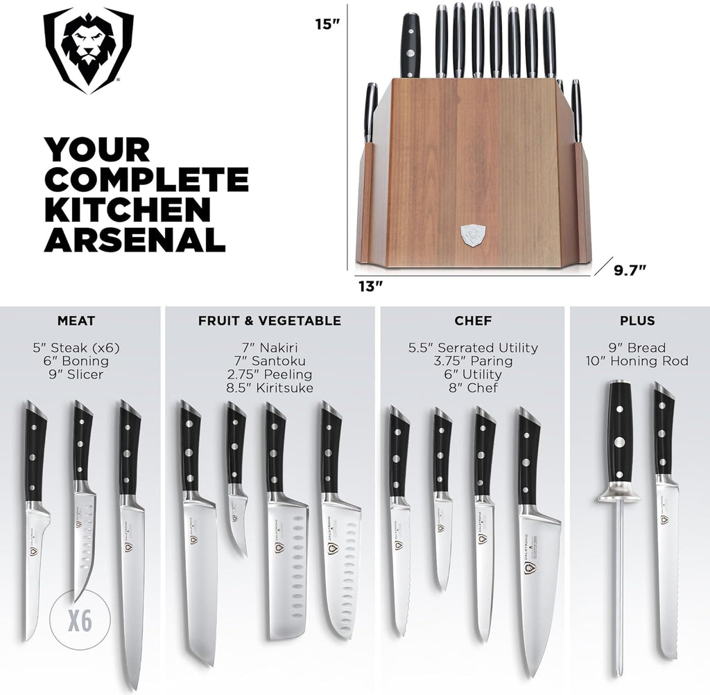 18-Piece Kitchen Knife Set Block - High Carbon German Steel Full Tang - Acacia Wood Knife Block Set - Black Handles ABS Gladiator Series - Professional NSF Knives Set for Kitchen Cuchillos