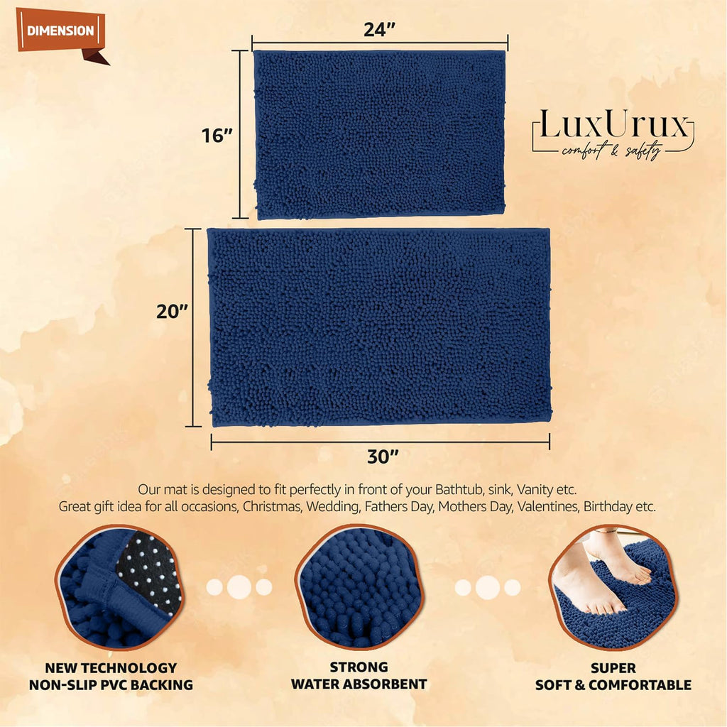2 Piece Bathroom Rug Set - Premium Plush Bath Mat Shower Rugs, 1" Chenille Microfiber, Non-Slip & Absorbent, Soft & Cozy, Durable Stylish (20X30 & 16X24 Inches, Blue)