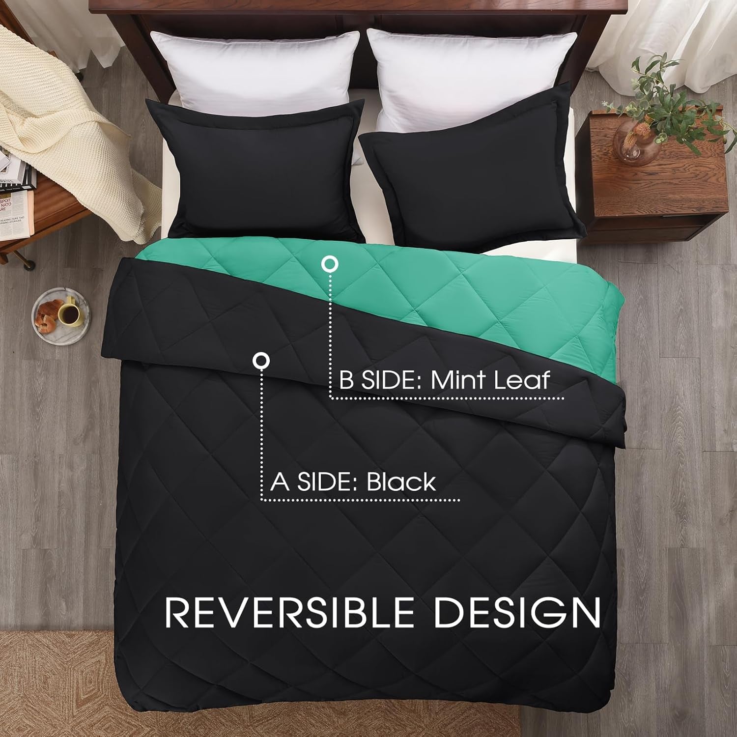 Queen Comforter Set - Green Comforter Set Queen, Reversible Bed Comforter Queen Set for All Seasons, Black/Mint Leaf, 1 Comforter (88"X92") and 2 Pillow Shams (20"X26"+2")