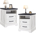 18" Farmhouse Nightstand Set of 2 with Charging Station,End Table with 2 Drawers Storage,Side Table,Bedside Cabinet for Bedroom,Living Room, Withe