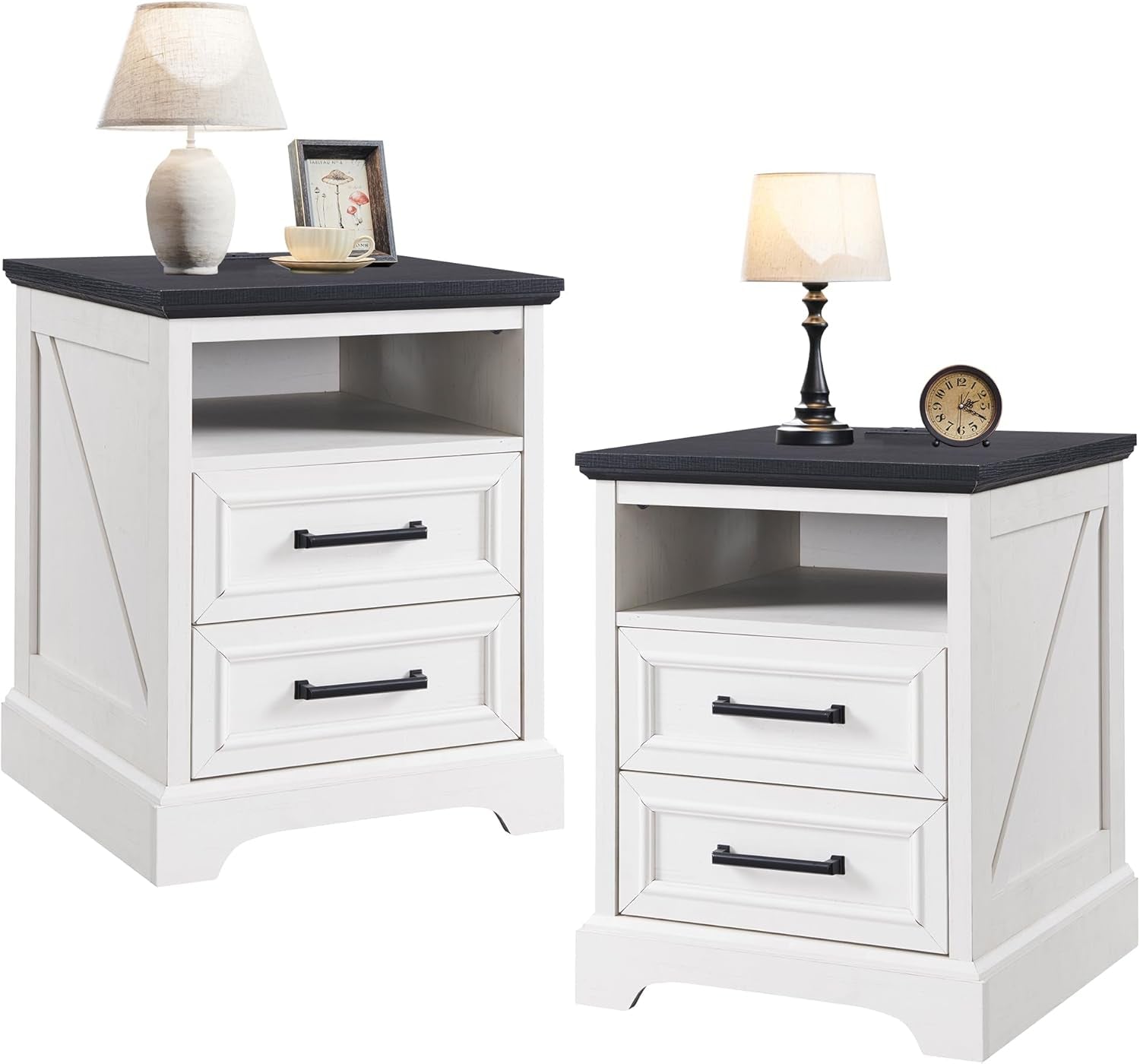 18" Farmhouse Nightstand Set of 2 with Charging Station,End Table with 2 Drawers Storage,Side Table,Bedside Cabinet for Bedroom,Living Room, Withe