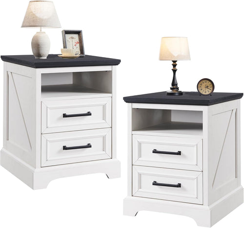 18" Farmhouse Nightstand Set of 2 with Charging Station,End Table with 2 Drawers Storage,Side Table,Bedside Cabinet for Bedroom,Living Room, Withe