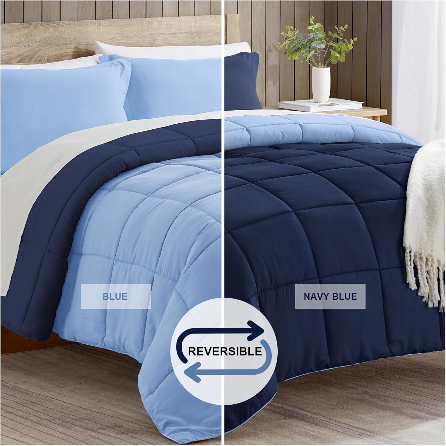 Queen Comforter Set, Navy Blue Bedding Comforters Queen Size, 3 Pieces down Alternative Bed Comforter Lightweight, Soft Quilted Bed Set Breathable, Reversible All Season Bedding Sets