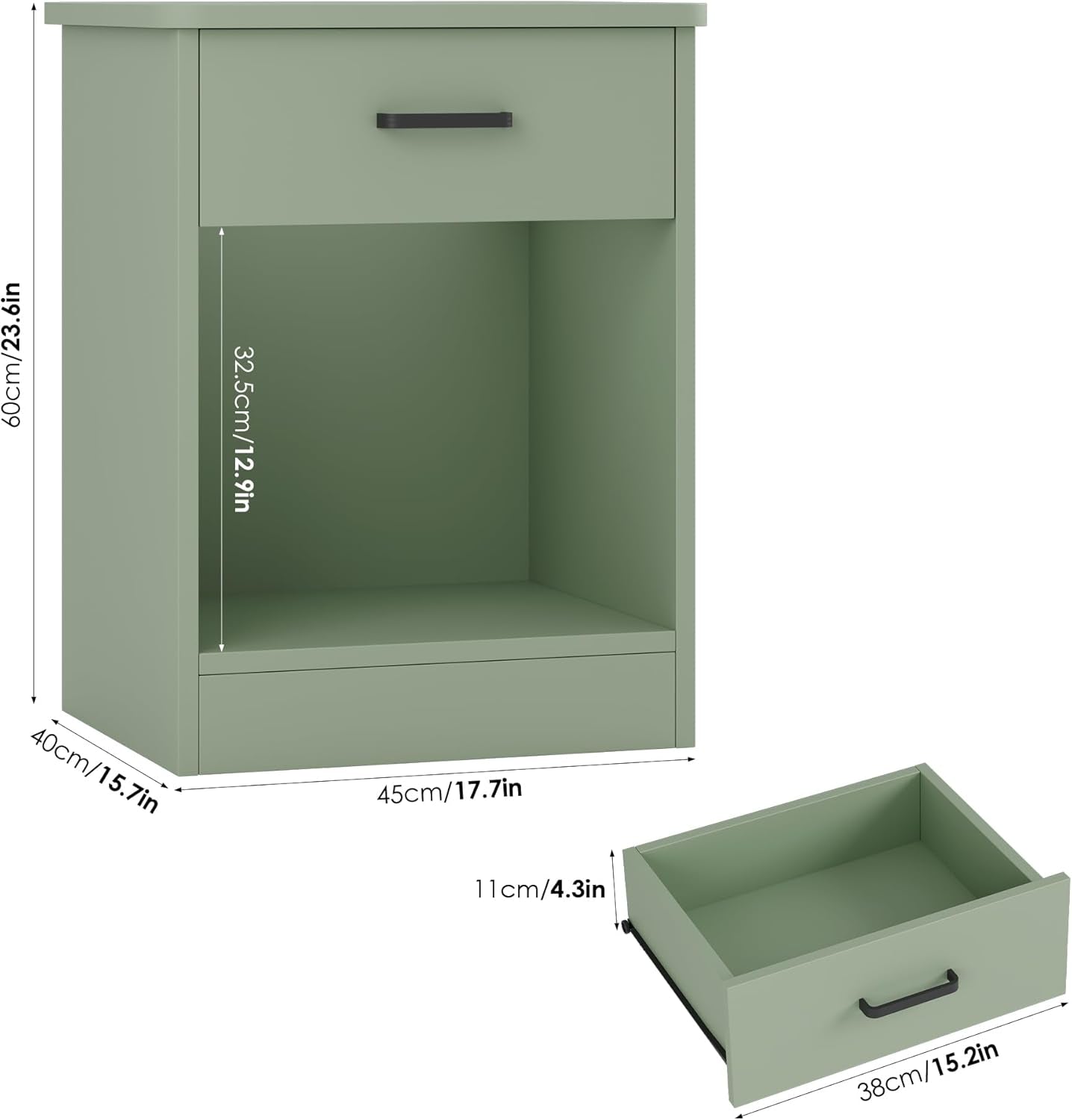 Nightstand Set of 2, 2-Tier Side Table with Drawer and Storage Shelf, Bedside Table End Table, Modern Night Stand for Bedroom, Home Office, Green